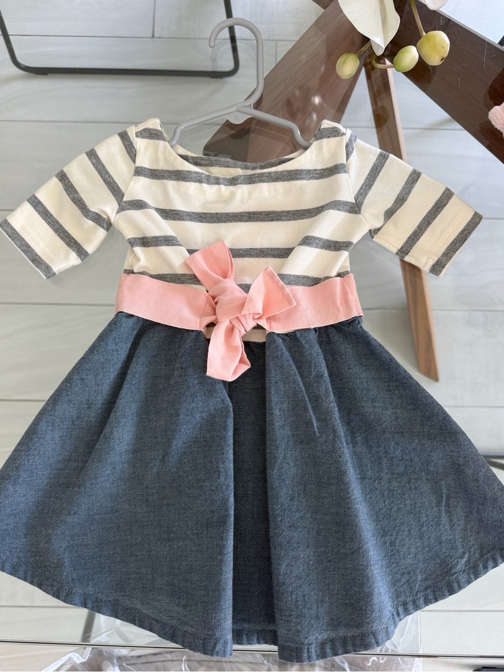 Striped Cream & Gray Top with Navy Skirt and Pink Bow Girls Dress